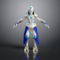 White and Blue Sci Fi Game Character With Gold Armor and Glowing Accents
