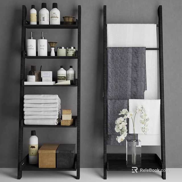Modern Bathroom Accessories with Shelf Towels Bottles and White Orchid 3d model 