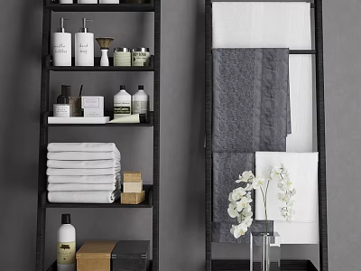 Modern Bathroom Accessories with Shelf Towels Bottles and White Orchid 3d model