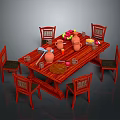Wooden Dining Table Set With Red Chairs Clay Pots Fruits And Tableware
