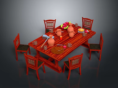 Wooden Dining Table Set With Red Chairs Clay Pots Fruits And Tableware 3d model