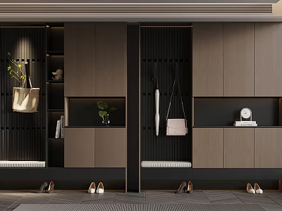 Modern Entryway Storage Cabinet Design With Hooks Bench Shoes And Decorative Plants 3d model