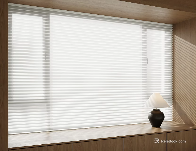 Elegant White Blinds Interior With Wooden Windowsill And Table Lamp 3d model 