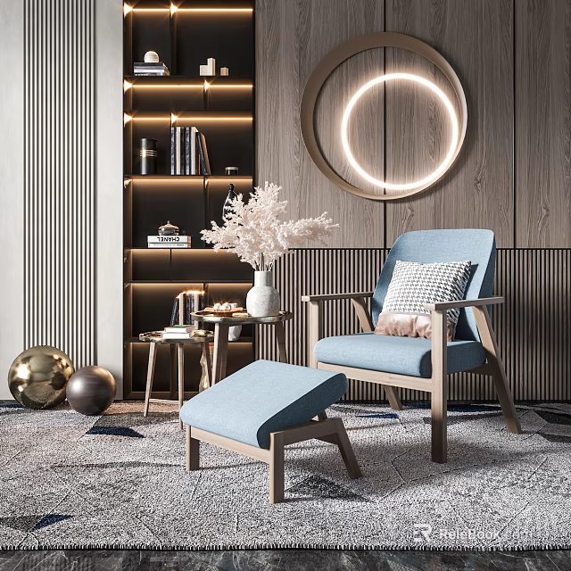 Stylish Blue Lounge Chair Ottoman Pillow Pink Throw Wooden Backdrop Circular Light Bookshelf White Flowers 3d model 