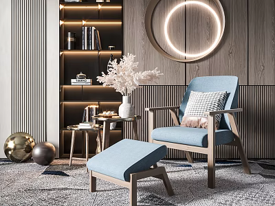 Stylish Blue Lounge Chair Ottoman Pillow Pink Throw Wooden Backdrop Circular Light Bookshelf White Flowers 3d model