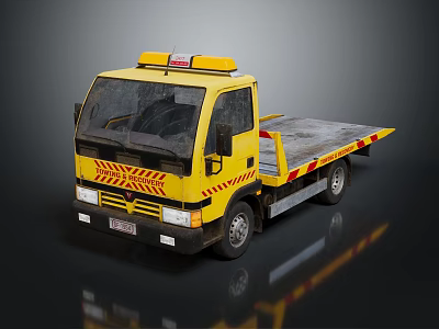 Yellow Tow Truck With Warning Lights On Roof And Flatbed Structure 3d model