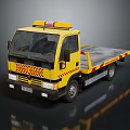 Yellow Tow Truck With Warning Lights On Roof And Flatbed Structure