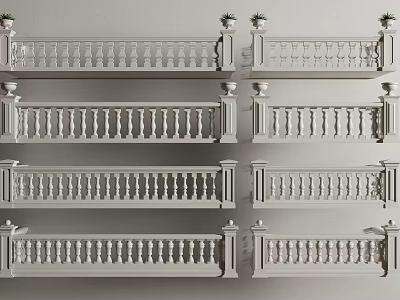 Multiple White Balustrade Fence Panels Featuring Decorative Railings And Architectural Details 3d model