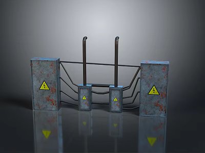 Home Safety Devices With Gray Metal Cases Yellow Warning Triangles And Black Connecting Pipes 3d model