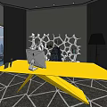 Hotel Public Lounge Area With Geometric Floor Yellow Table White Coffee Table And Spherical Lights