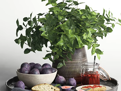 Purple Potatoes Bread And Red Juice On Tray With Fresh Green Plant 3d model