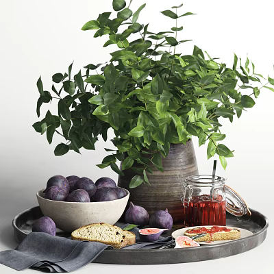 Purple Potatoes Bread And Red Juice On Tray With Fresh Green Plant 3d model