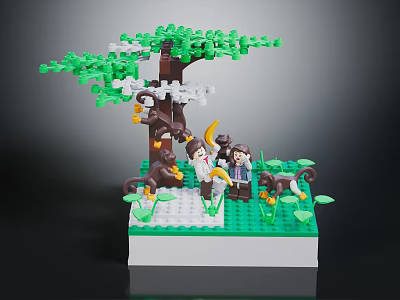 Lego Brick Display Stand With Tree Monkey Figure And Green Grass Base 3d model