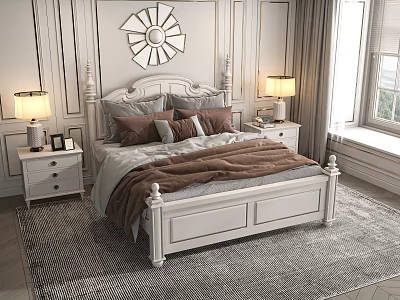 White Double Bed With Carved Headboard Brown Gray Bedding Nightstands Table Lamps Paneled Walls 3d model