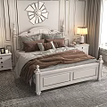 White Double Bed With Carved Headboard Brown Gray Bedding Nightstands Table Lamps Paneled Walls