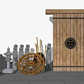 Traditional Wooden Entrance Gate With Stone Lion Statues Bamboo Sticks And White Wall