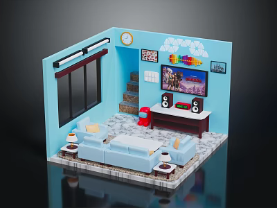 Cozy Living Room Interior With Blue Walls Window Clock TV Colorful Wall Decor And Sofa 3d model