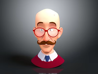 Cartoon Man with Bald Head Red Glasses Mustache White Shirt Blue Tie and Red Sweater 3d model