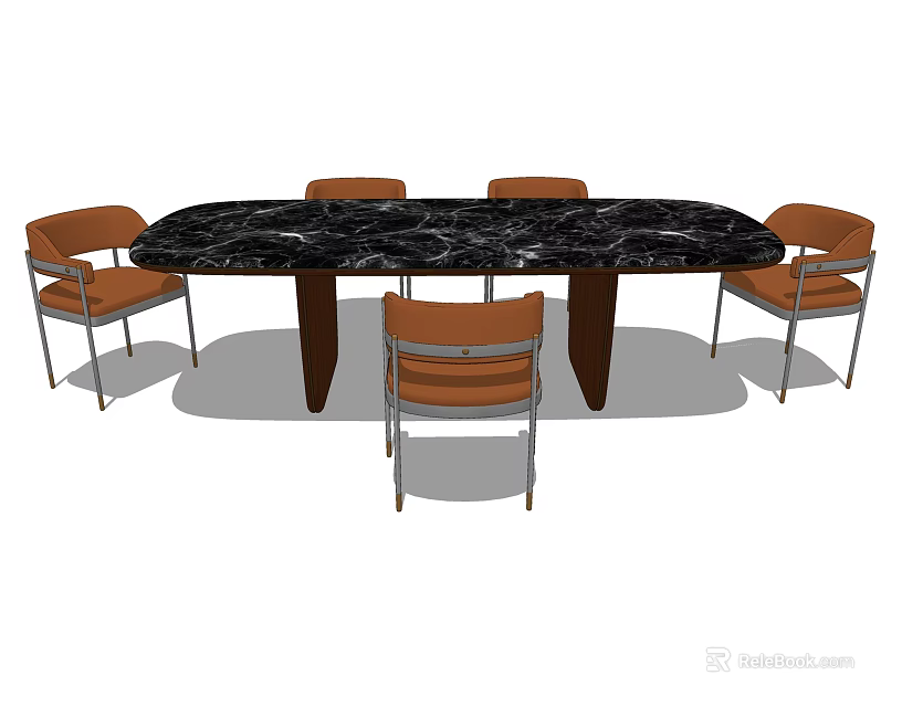 Modern Oval Dining Table Set With Black Marble Top And Orange Chairs 3d model