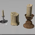 Various Styles Of Candles With Silver Metal Wooden Candlesticks And Thick Unmounted Candle