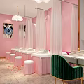 Elegant Beauty Salon Interior Design With Pink Walls White Pendant Lights And Green Velvet Chairs