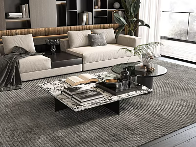 Modern Beige Sofa Coffee Table Set With Marble Top Decorative Pillows Books And Green Plant 3d model