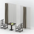 Chinese Style Dining Set With Square Table Dark Chairs Backrest And Flowy Curtains 3d model
