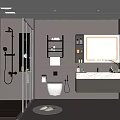 Modern Gray Bathroom Interior With Glass Shower Wall Mounted Toilet And Backlit Mirror Vanity