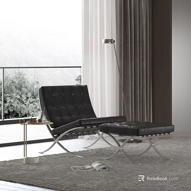 Modern Black Leisure Chair with Metal Frame by Window and Green Plants Mountain View 3d model 