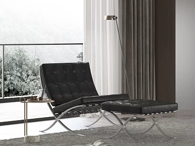 Modern Black Leisure Chair with Metal Frame by Window and Green Plants Mountain View 3d model