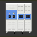 Industrial Storage Equipment With White Cabinets Blue Panels And Mobile Wheels