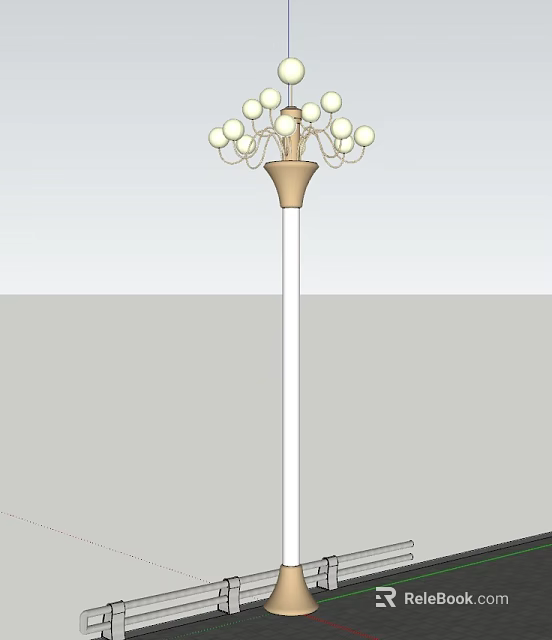 Outdoor Light With Tall White Pole And Golden Base Featuring Multiple White Spherical Bulbs 3d model 