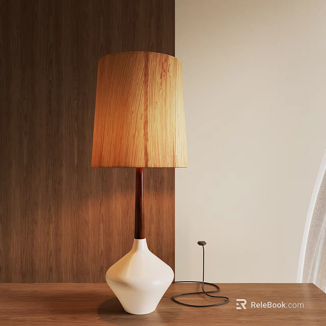 Wooden Lampshade Table Lamp With Dark Pole White Base And Wooden Wall Background 3d model 