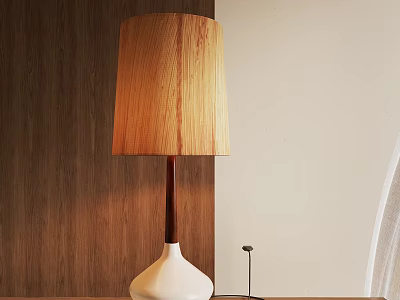 Wooden Lampshade Table Lamp With Dark Pole White Base And Wooden Wall Background 3d model