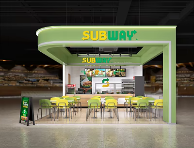 Subway Restaurant Green Kiosk Interior With Yellow Chairs Tables And Menu Boards 3d model