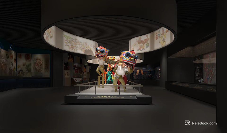 Lion Dance Costumes Display On Platform With Decorative Murals In Exhibition Hall 3d model 