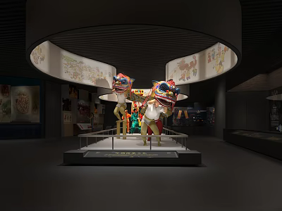 Lion Dance Costumes Display On Platform With Decorative Murals In Exhibition Hall 3d model
