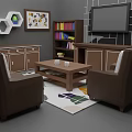 Cozy Living Room Interior With Brown Sofas Colorful Geometric Rug Coffee Table Bookshelf Decorative Paintings