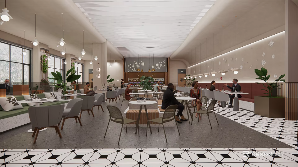 Modern Café Interior With Tables Chairs Hanging Lights Plants And Black White Patterned Floor 3d model 