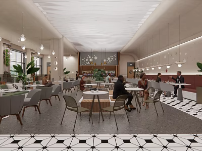 Modern Café Interior With Tables Chairs Hanging Lights Plants And Black White Patterned Floor 3d model