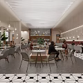 Modern Café Interior With Tables Chairs Hanging Lights Plants And Black White Patterned Floor