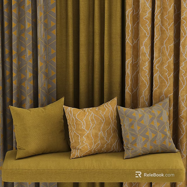 Olive Green Brown Curtains and Three Cushions with Geometric Wavy Patterns Textured Fabrics 3d model 