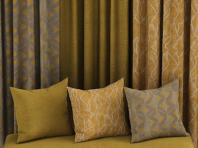 Olive Green Brown Curtains and Three Cushions with Geometric Wavy Patterns Textured Fabrics 3d model