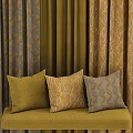 Olive Green Brown Curtains and Three Cushions with Geometric Wavy Patterns Textured Fabrics