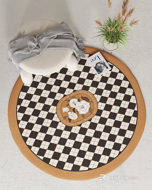 Round Area Rug Featuring Black And White Checkered Pattern With Central Floral Design 3d model 