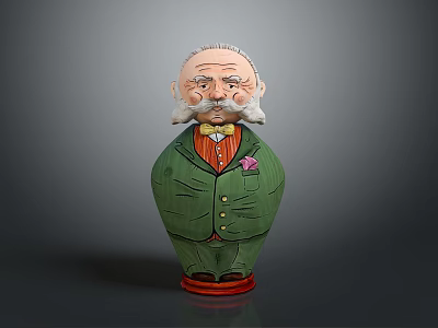 Cartoonish Bearded Man Figure In Green Coat Red Vest With Bow Tie And Pink Handkerchief 3d model