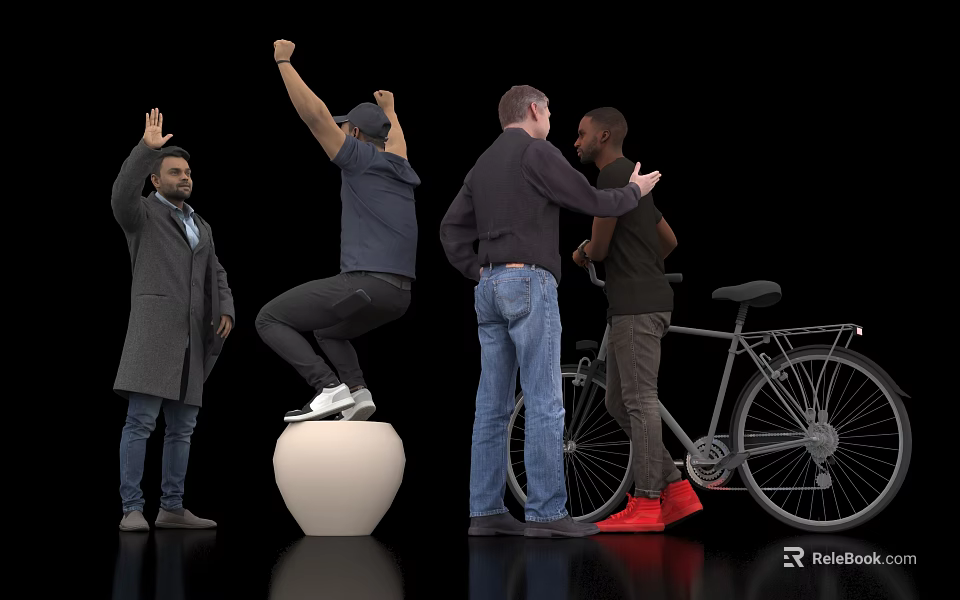 Four People Interacting with Bicycle and White Sphere While Standing and Raising Hands 3d model 
