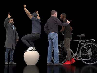 Four People Interacting with Bicycle and White Sphere While Standing and Raising Hands 3d model