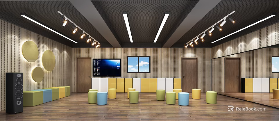 School Activity Room Featuring Large Screen Colorful Stools Windows And Wooden Cabinets 3d model 
