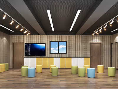 School Activity Room Featuring Large Screen Colorful Stools Windows And Wooden Cabinets 3d model